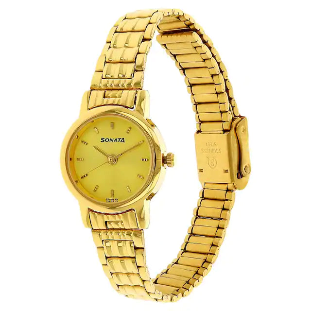 Sonata Champagne Dial Golden Stainless Steel Strap Watch