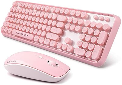 Pink Wireless Keyboard Mouse Combo 2.4GHz Wireless Retro Typewriter