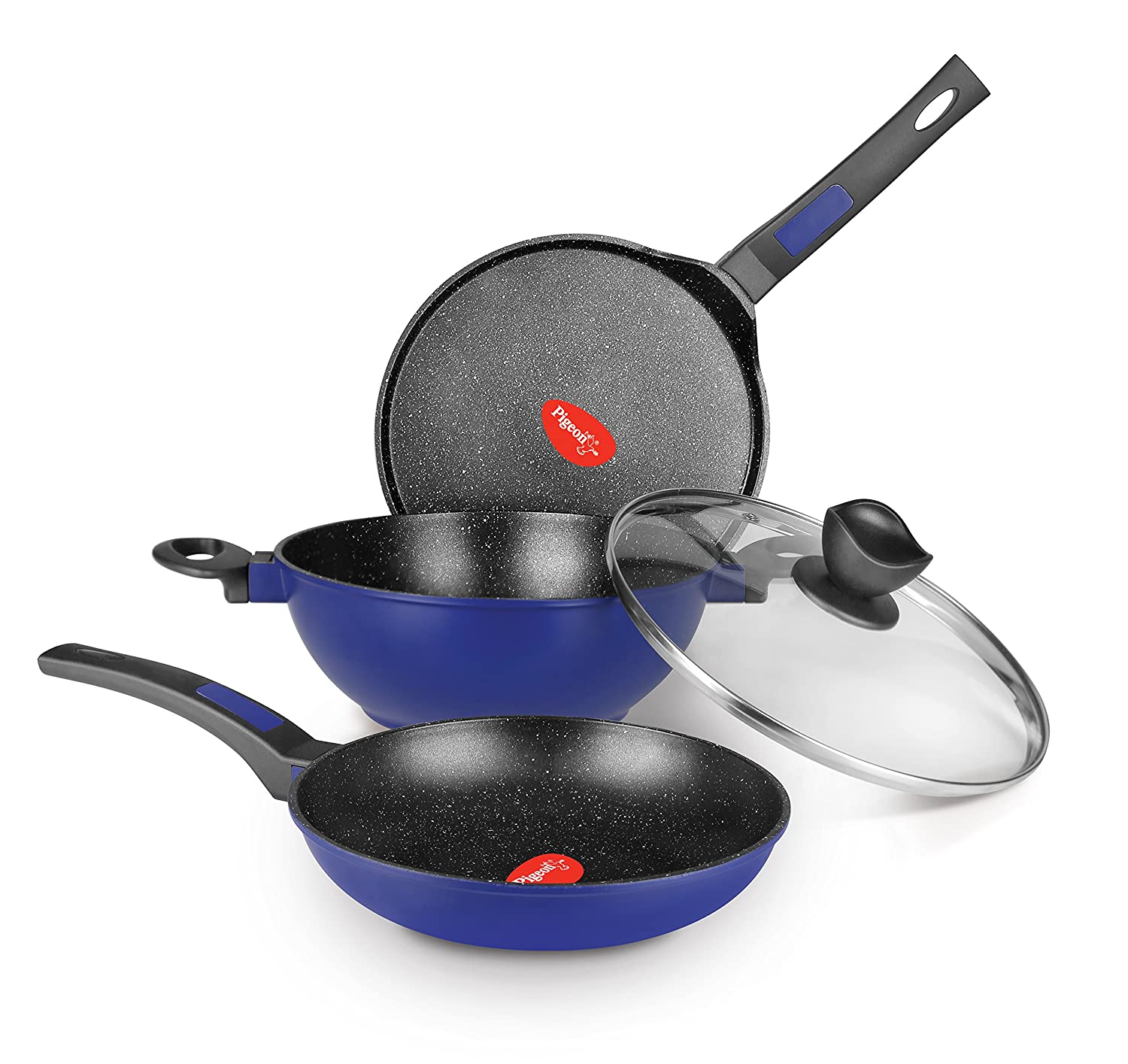 Pigeon by Stovekraft Crest Non stick Induction Base Aluminum Cookware Set (Blue and Black)