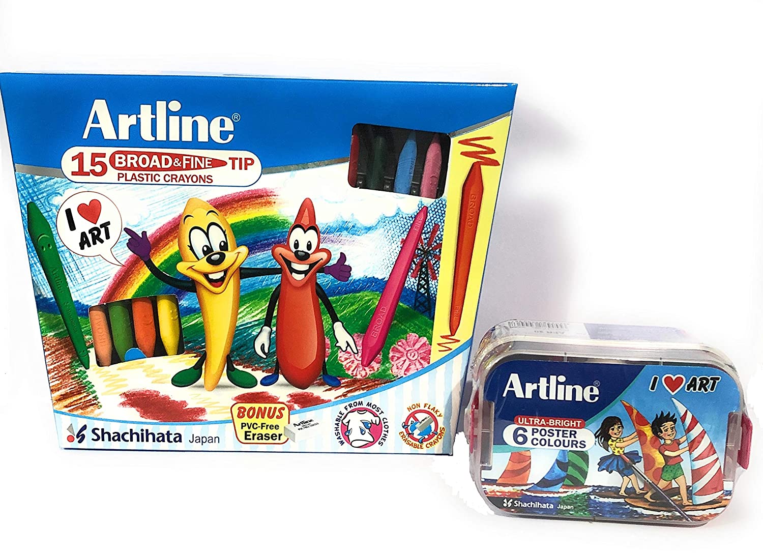 Detec™ Artline Broad and Fine Tip Plastic Crayons 15 Shades with Ultra Bright 12 Poster Colors