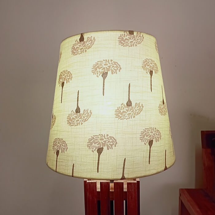 Elegant Brown Wooden Table Lamp with Yellow Printed Fabric Lampshade