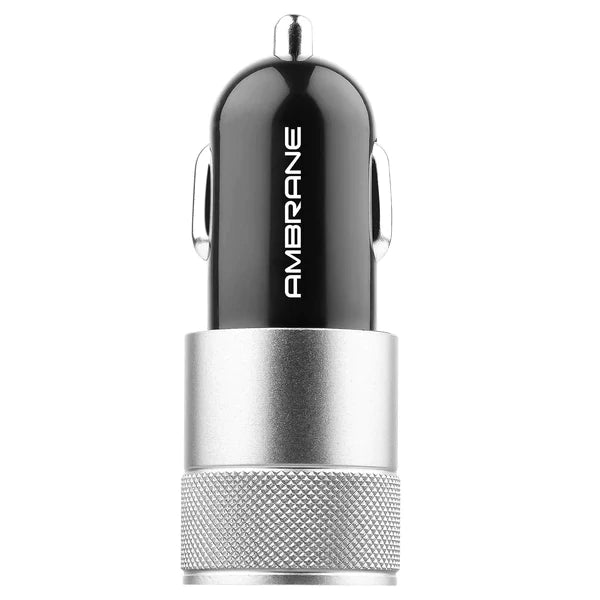 Ambrane ACC-74 Car Charger with Fast Charging of 12 Watt / 2.4A via Dual USB Ports (Black & Silver)