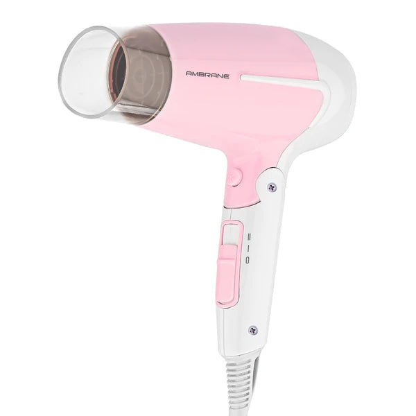 Ambrane AHD-21 Hair Dryer with 1600W Power, Foldable Handle, Cool Air Button & Detachable Nozzle (White-Pink)