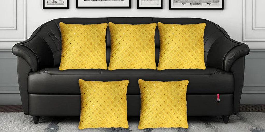 Desi Kapda Embroidered Cushions Cover (Pack of 5, 40 cm*40 cm, Yellow)