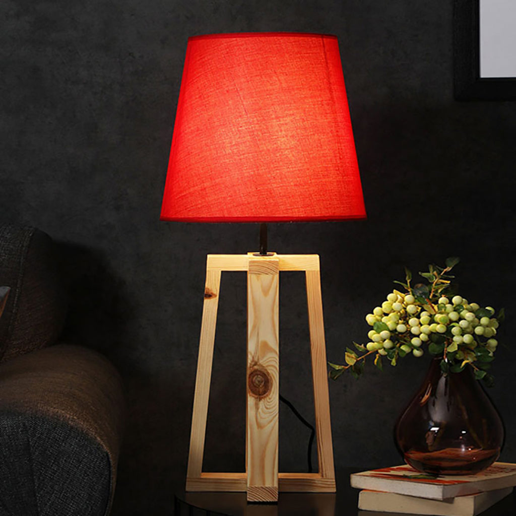 Blender Beige Wooden Table Lamp with Red Fabric Lampshade