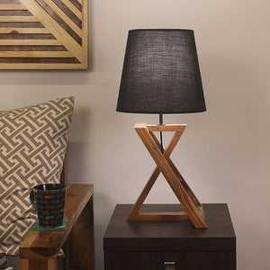 Catapult Brown Wooden Table Lamp with Black Fabric Lampshade