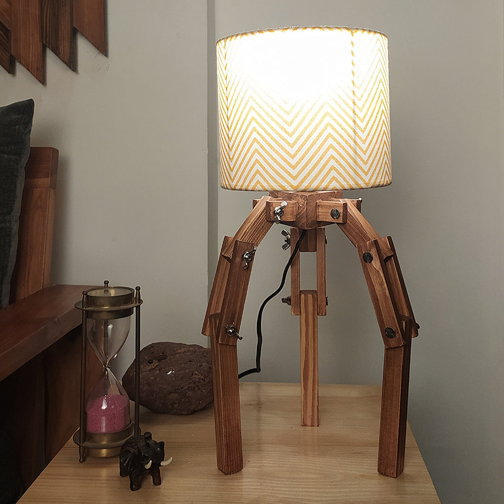 Crawler Brown Wooden Table Lamp with Yellow Printed Fabric Lampshade