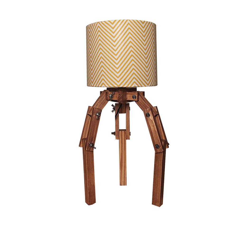 Crawler Brown Wooden Table Lamp with Yellow Printed Fabric Lampshade