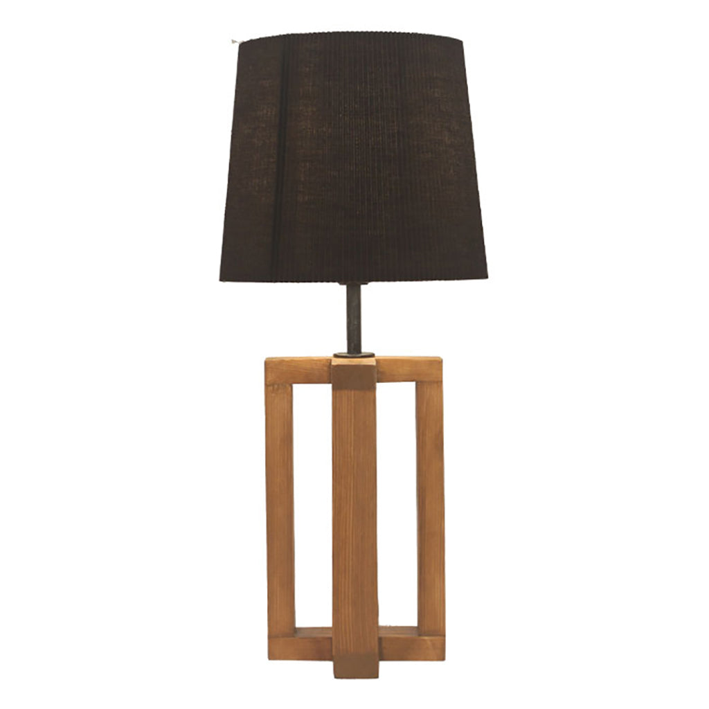 Criss Cross Brown Wooden Table Lamp with Yellow Printed Fabric Lampshade