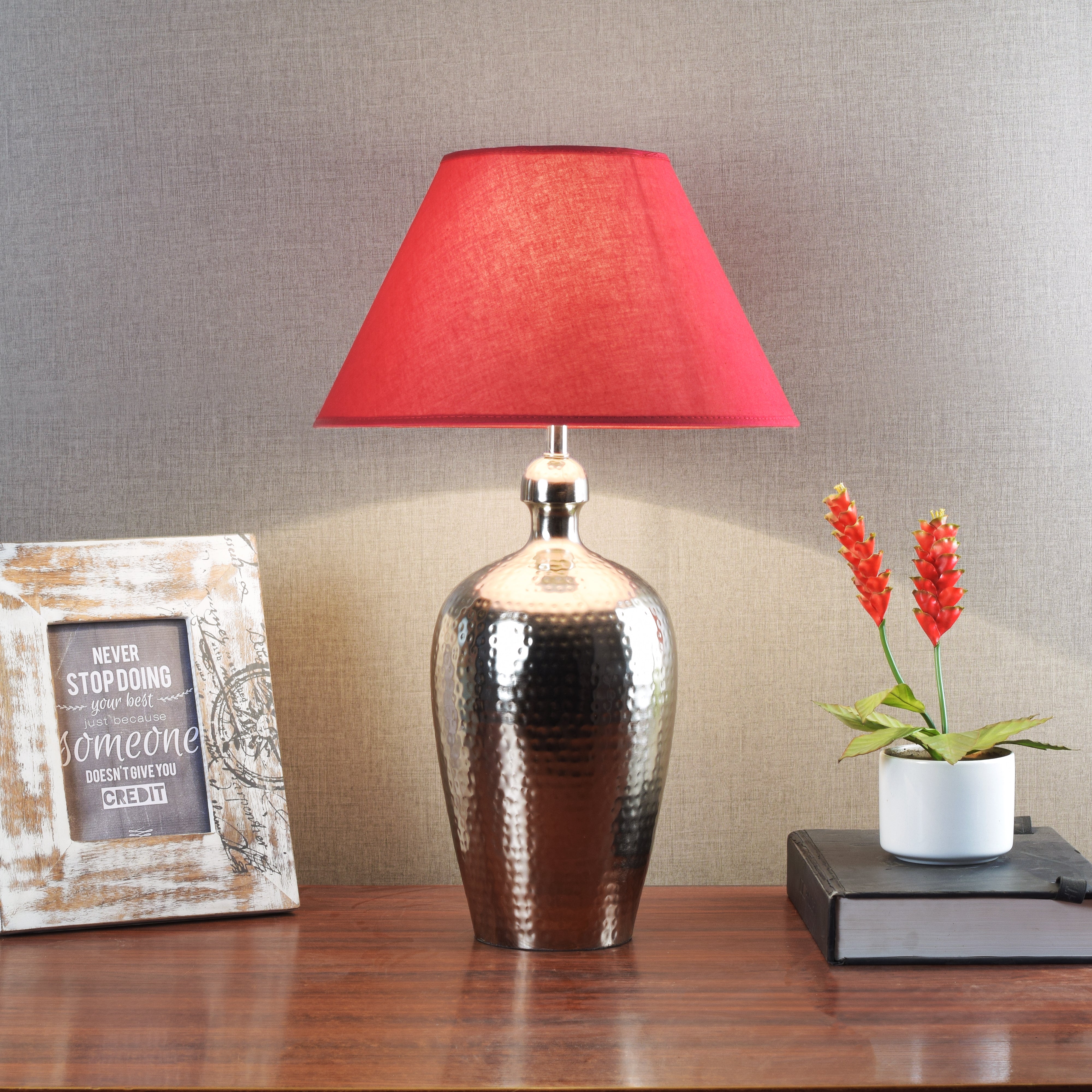Detec Metal finished with Maroon shade sophisticated table lamp