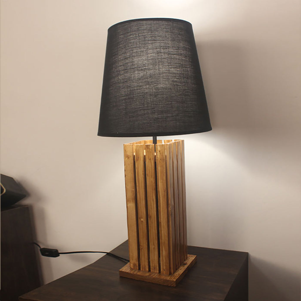 Elegant Brown Wooden Table Lamp with Black Fabric Lampshade