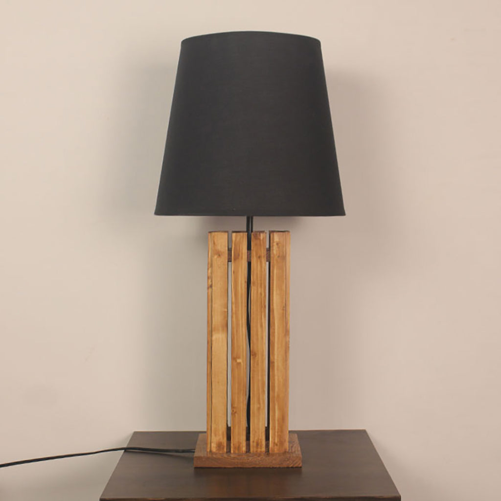 Elegant Brown Wooden Table Lamp with Black Fabric Lampshade