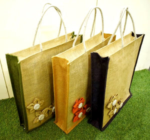 Homzë Jute Hand Bags (set of 3) - With Flowers - Large