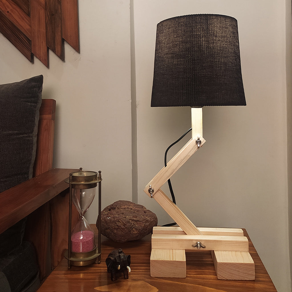 Flex Beige Wooden Table Lamp with Black Fabric Lampshade