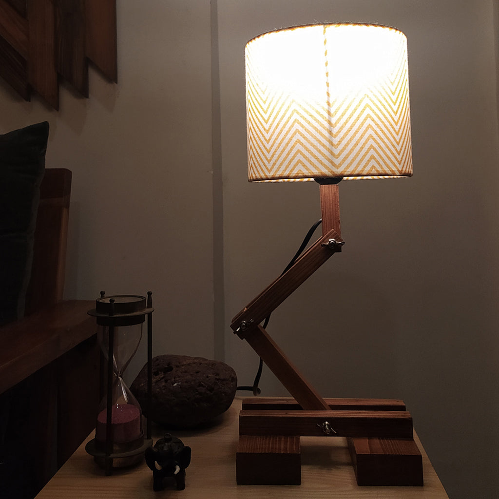 Flex Brown Wooden Table Lamp with Yellow Printed Fabric Lampshade