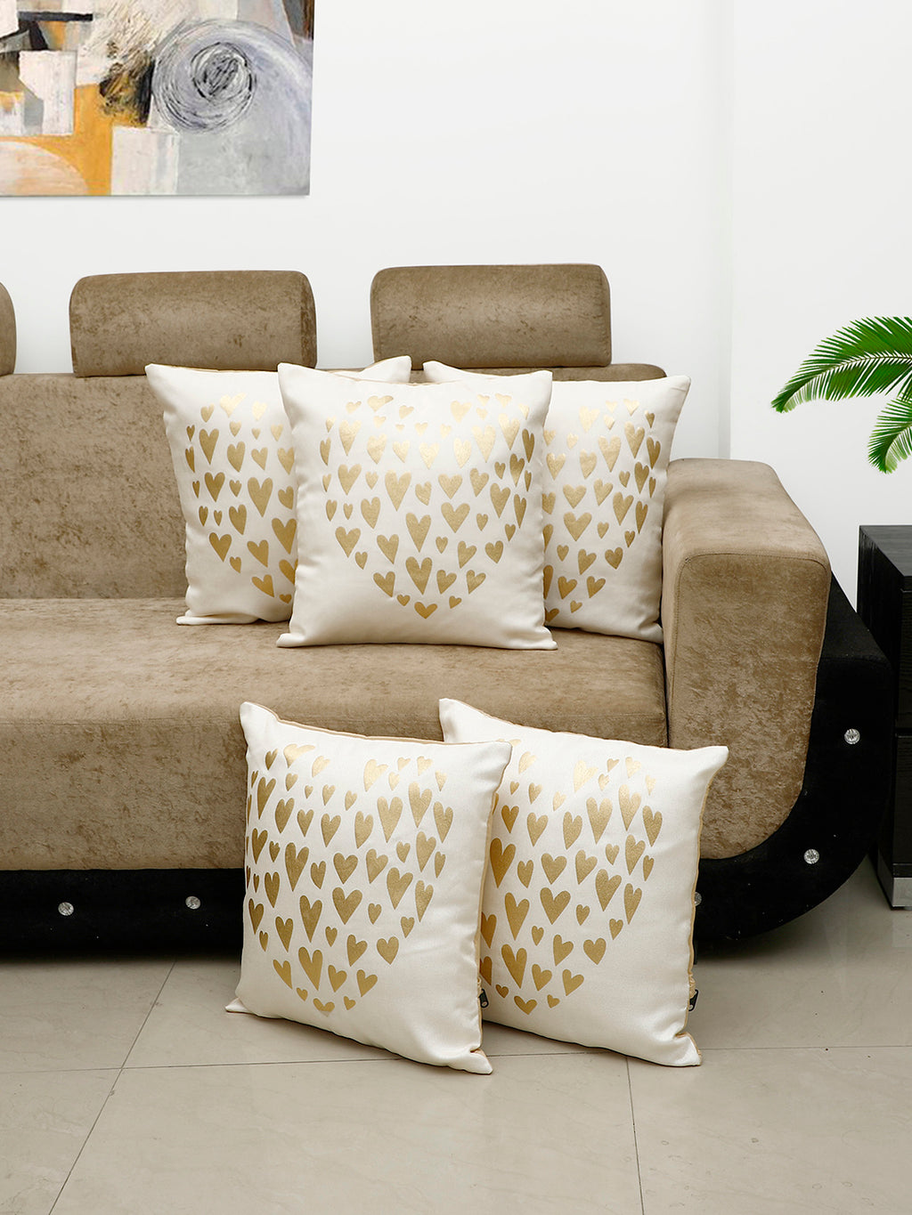 Detec™ Hosta Beige Golden Heart Printed 16 x 16 inches Cushion Cover (Set of 5 )