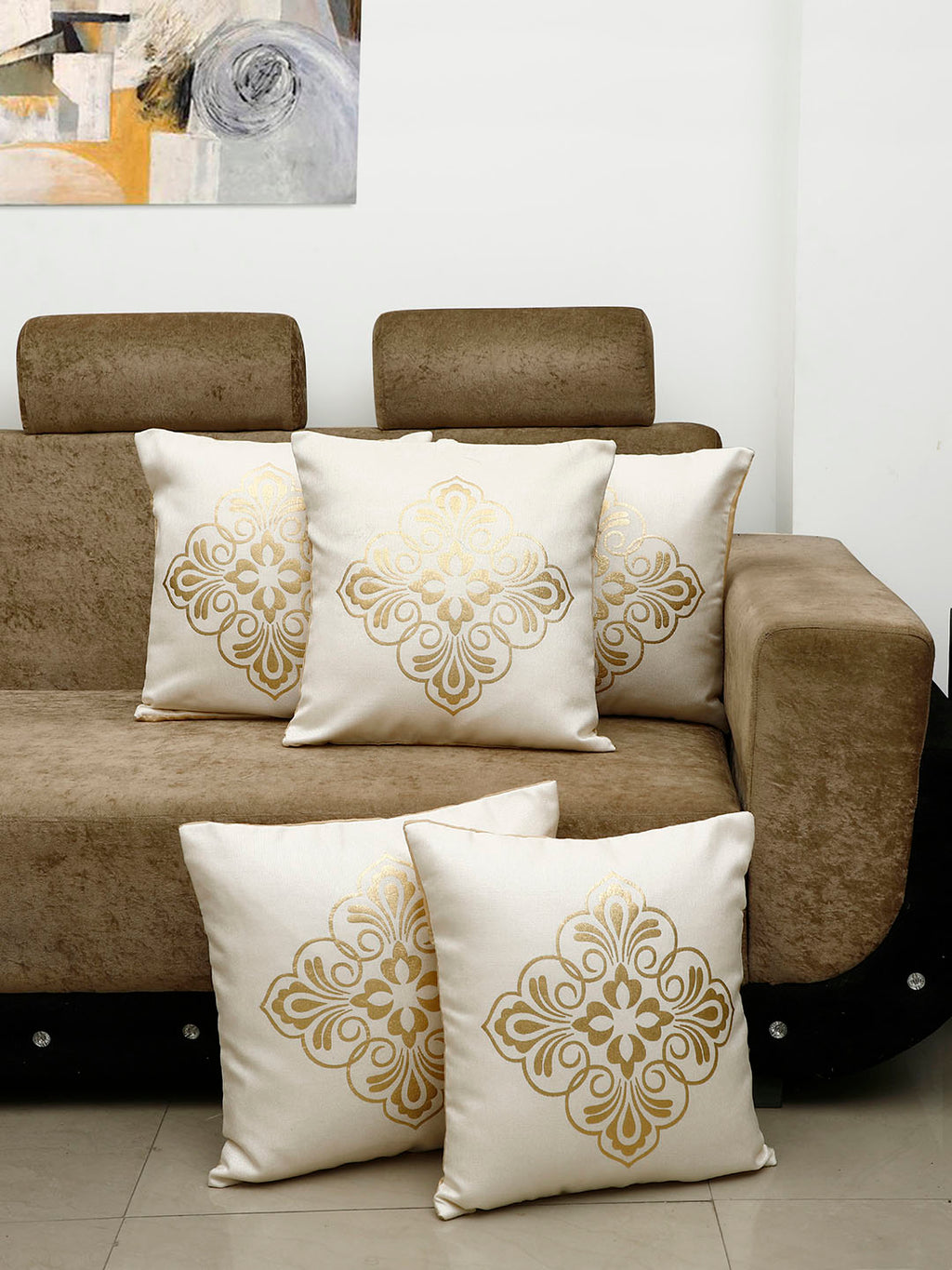 Detec™ Hosta Beige Golden Traditional Printed 16 x 16 inches Cushion Cover (Set of 5 )