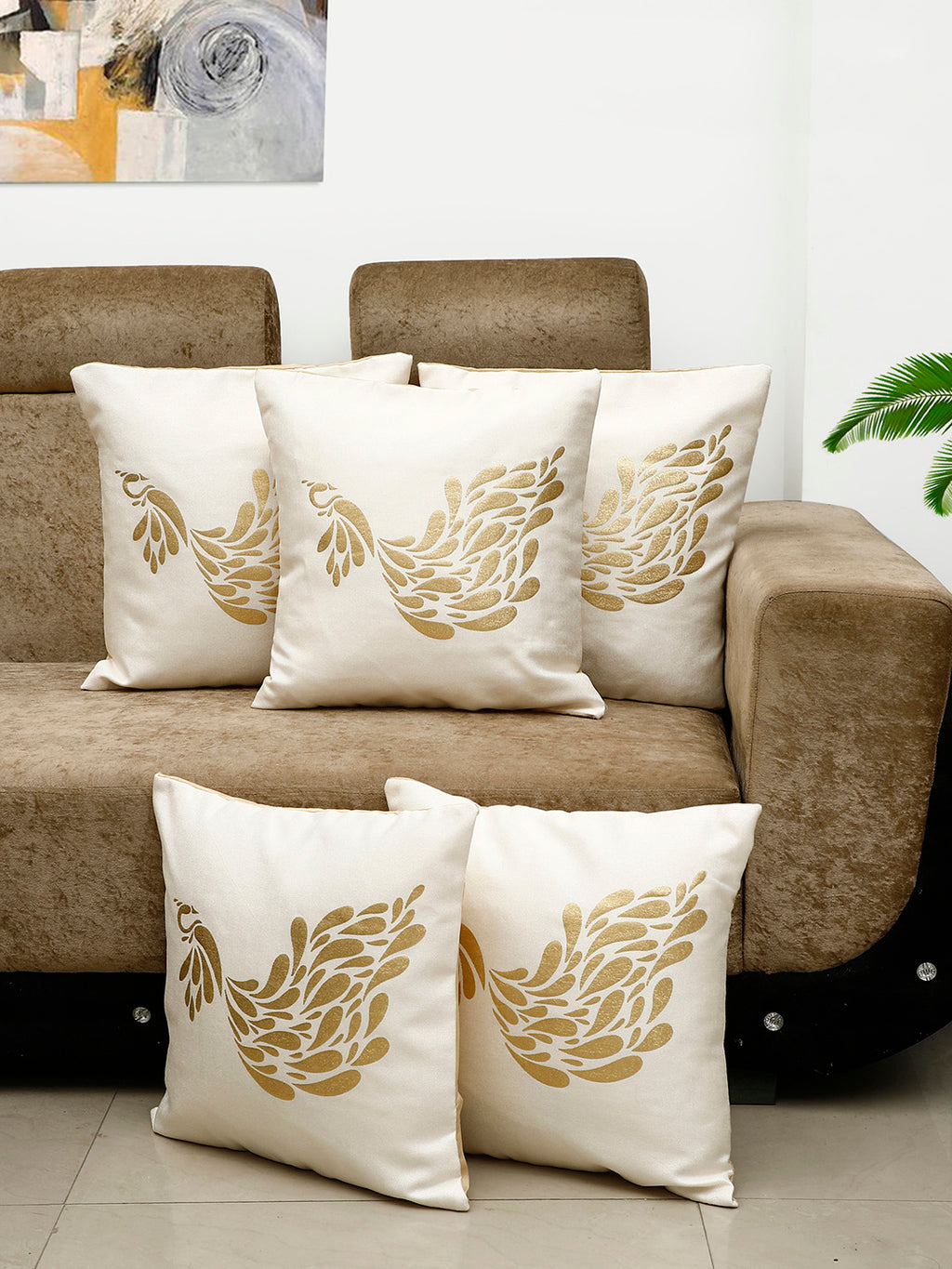Detec™ Hosta Beige Golden Peacock Printed 16 x 16 inches Cushion Cover (Set of 5)