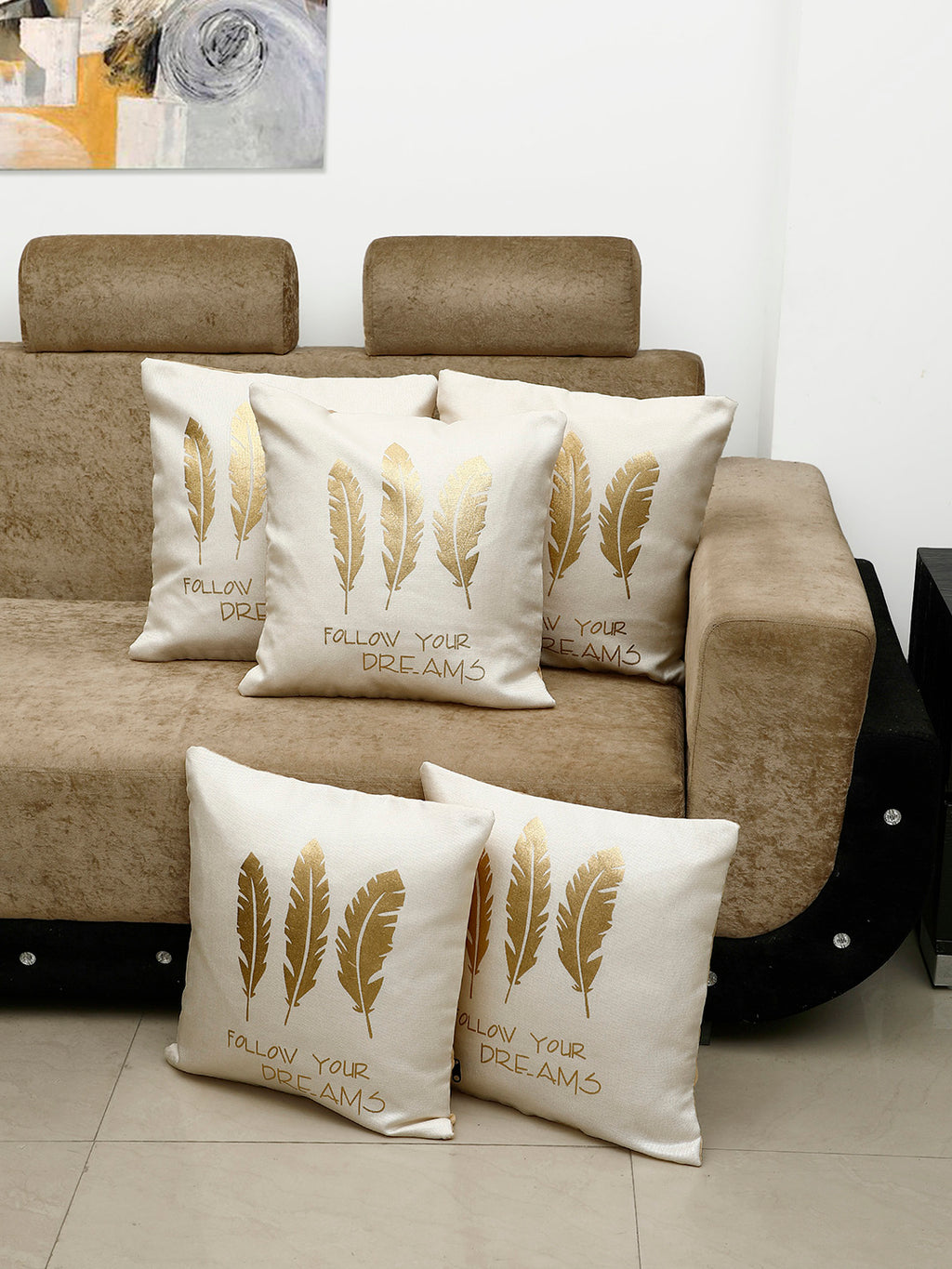 Detec™ Hosta Beige Golden Feather Printed 16 x 16 inches Cushion Cover (Set of 5 )