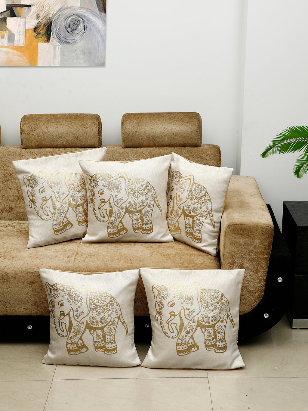 Detec™ Hosta Beige Golden Elephant Printed 16 x 16 inches Cushion Cover (Set of 5)