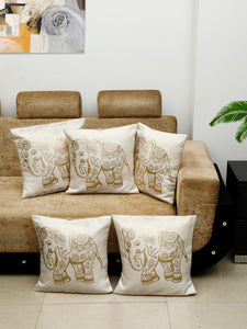 Detec™ Hosta Beige Golden Elephant Printed 16 x 16 inches Cushion Cover (Set of 5)