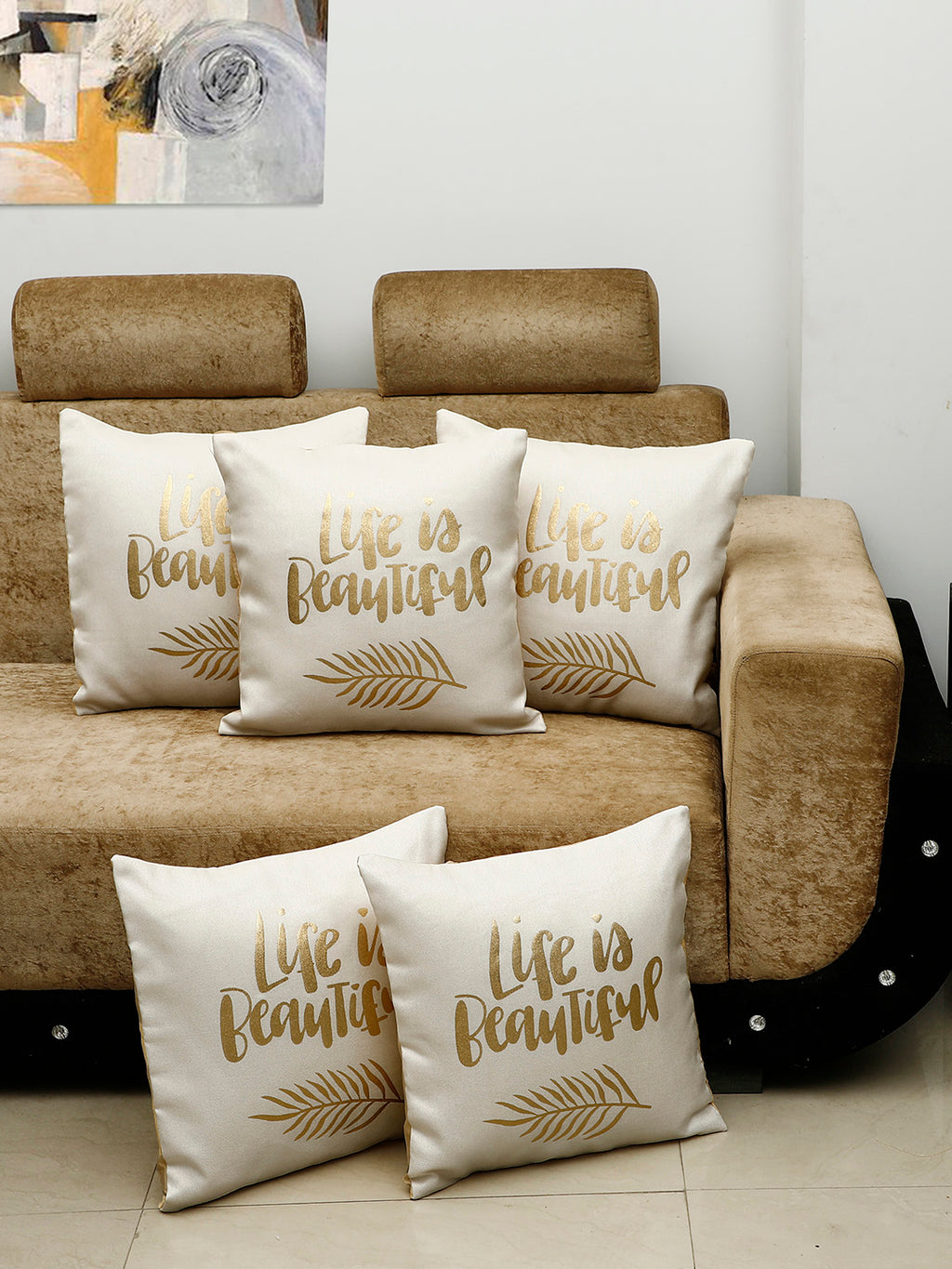 Detec™ Hosta Beige Color 16 x 16 inches Golden Printed Cushion Cover (Set of 5)