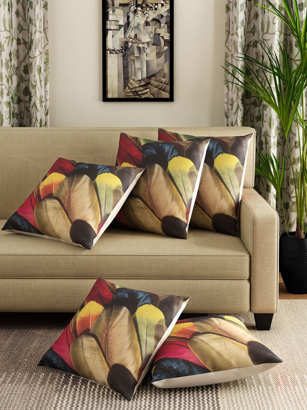 Detec™ Hosta Multi Color Feather Printed 16 x 16 inches Cushion Cover (Set of 5 )