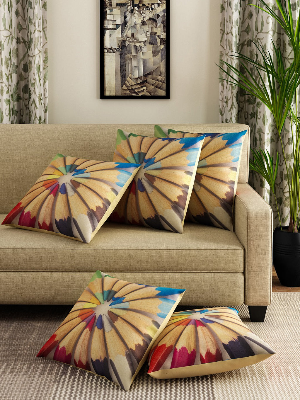 Detec™ Hosta Multi Color Printed 16 x 16 inches Cushion Cover (Set of 5 )