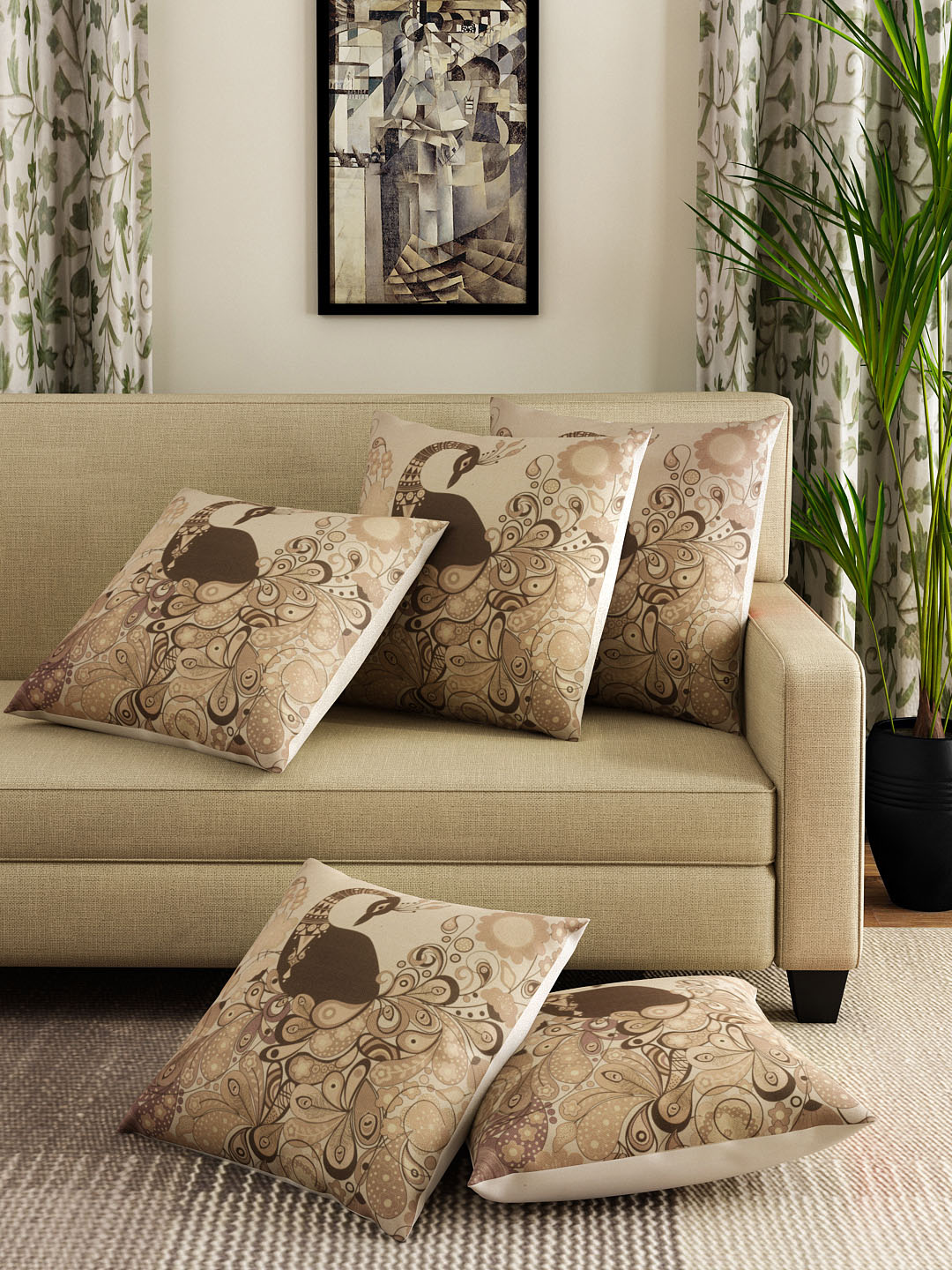 Detec™ Hosta Beige 16 x 16 inches Printed Cushioned Cover (Set of 5 )