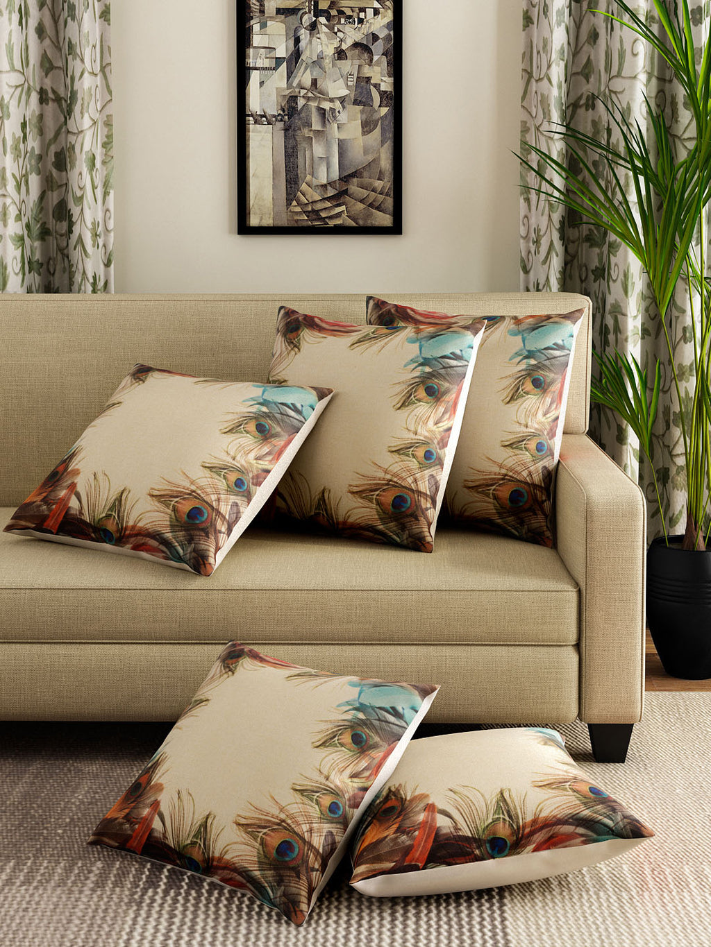 Detec™ Hosta Beige Color 16 x 16 inches Printed Cushion Cover (Set of 5 )