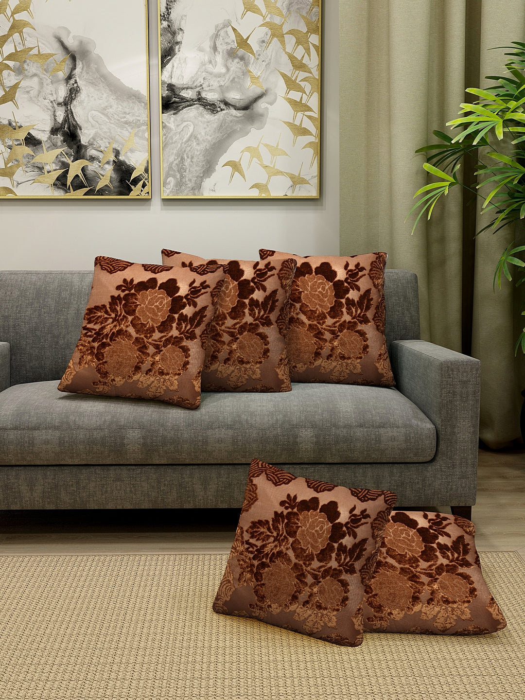 Detec™ Hosta Floral Embossed Printed Cushion Cover 16 X 16 Inches (Set of 5)