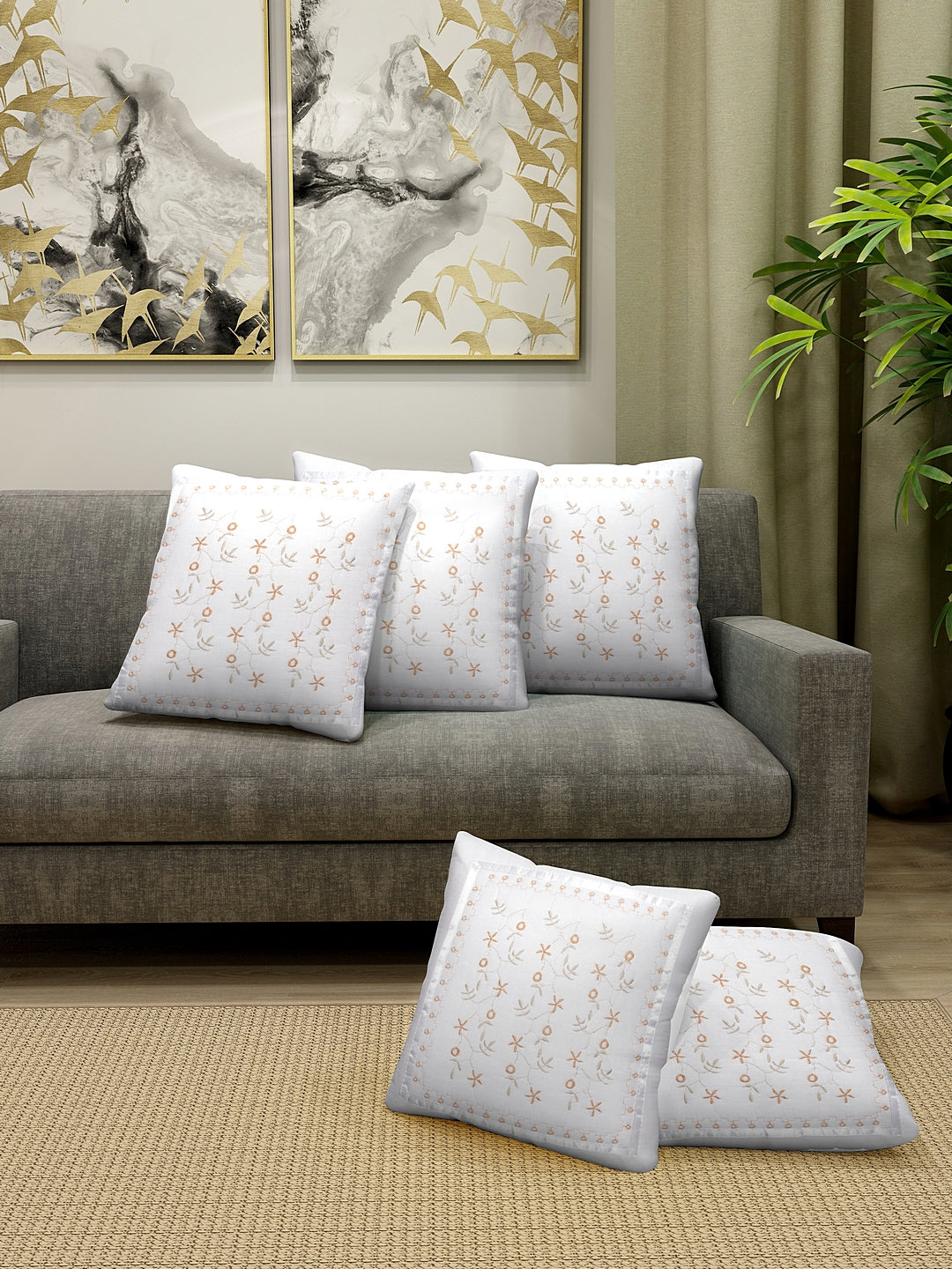 Detec™ Hosta Cotton Embroidered 16 X 16 inches Cushion Cover (Set of 5)