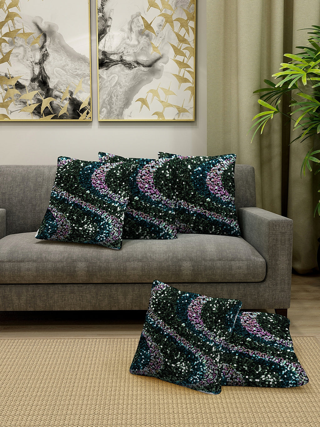 Detec™ Hosta Multi Color Sequence Detailing Cushion Cover (16 x 16 inches) Set of 5 pcs.