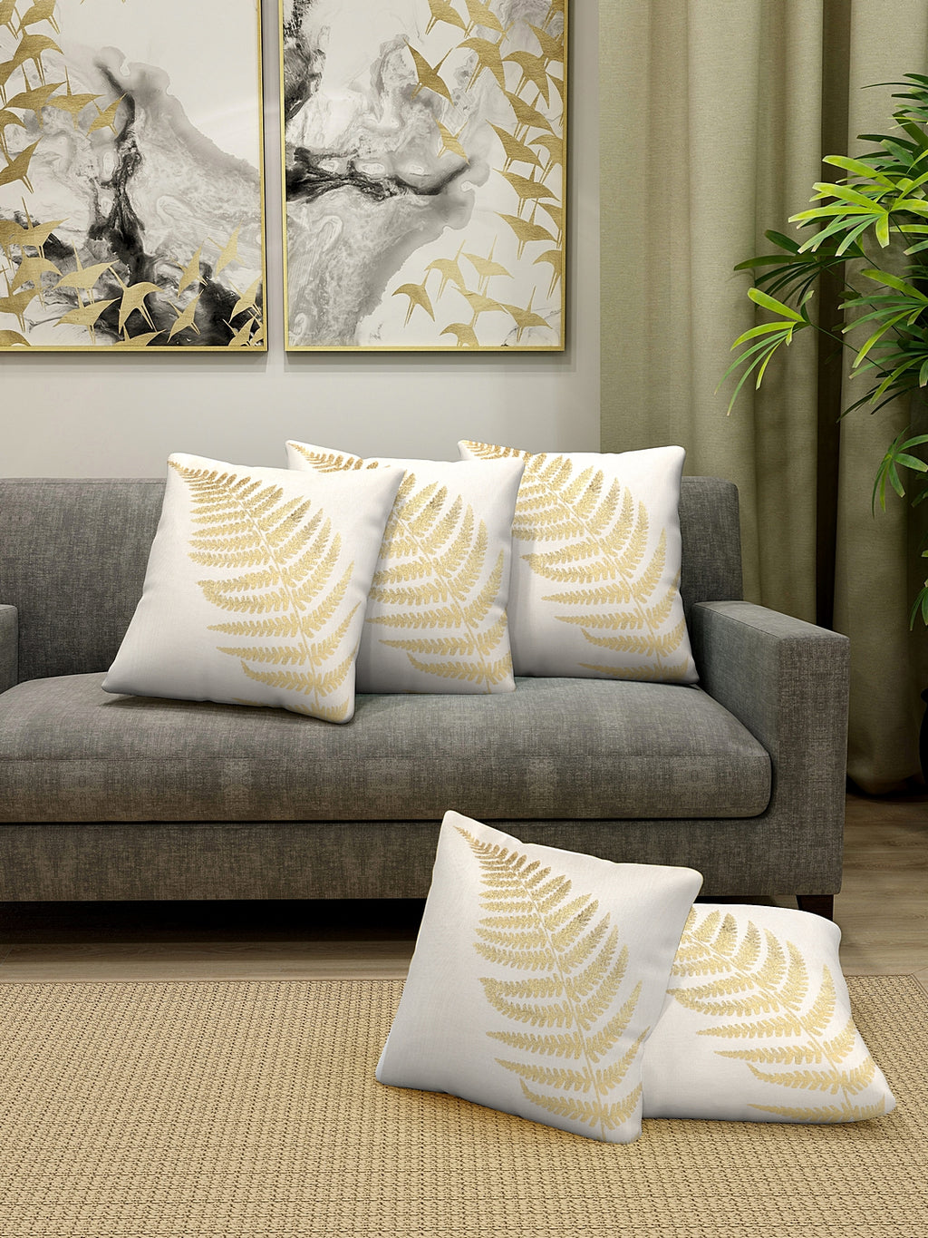 Detec™ Hosta Beige Golden Foil Printed 16 x 16 inches Cushion Cover (Set of 5 )