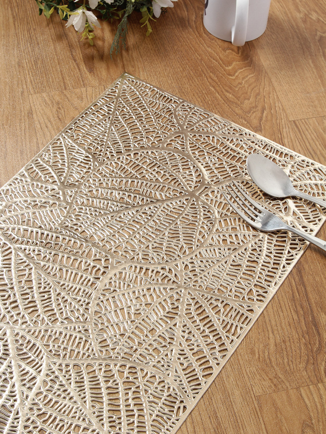 Detec™ Hosta Big Designer Shaped Leaf Leatherite Rectangular Table Place Mats in Metallic Gold Color