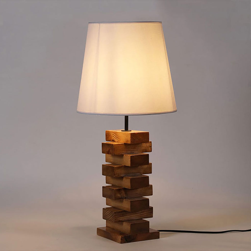 Libra Brown Wooden Table Lamp with White Fabric Lampshade