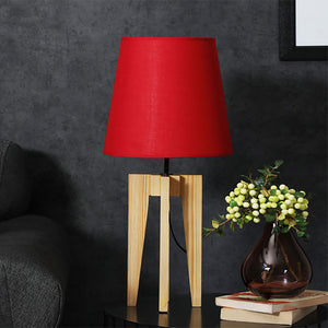 Jet Beige Wooden Table Lamp with Red Fabric Lampshade