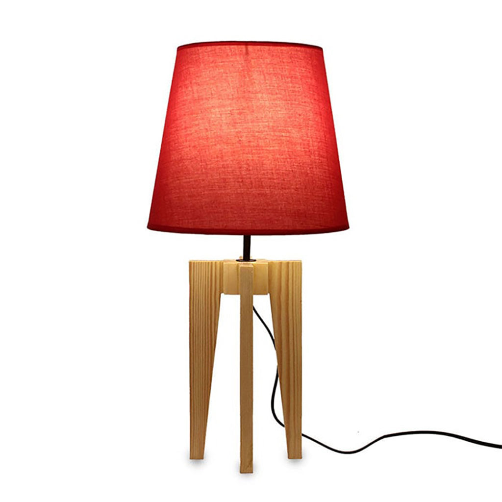 Jet Beige Wooden Table Lamp with Red Fabric Lampshade