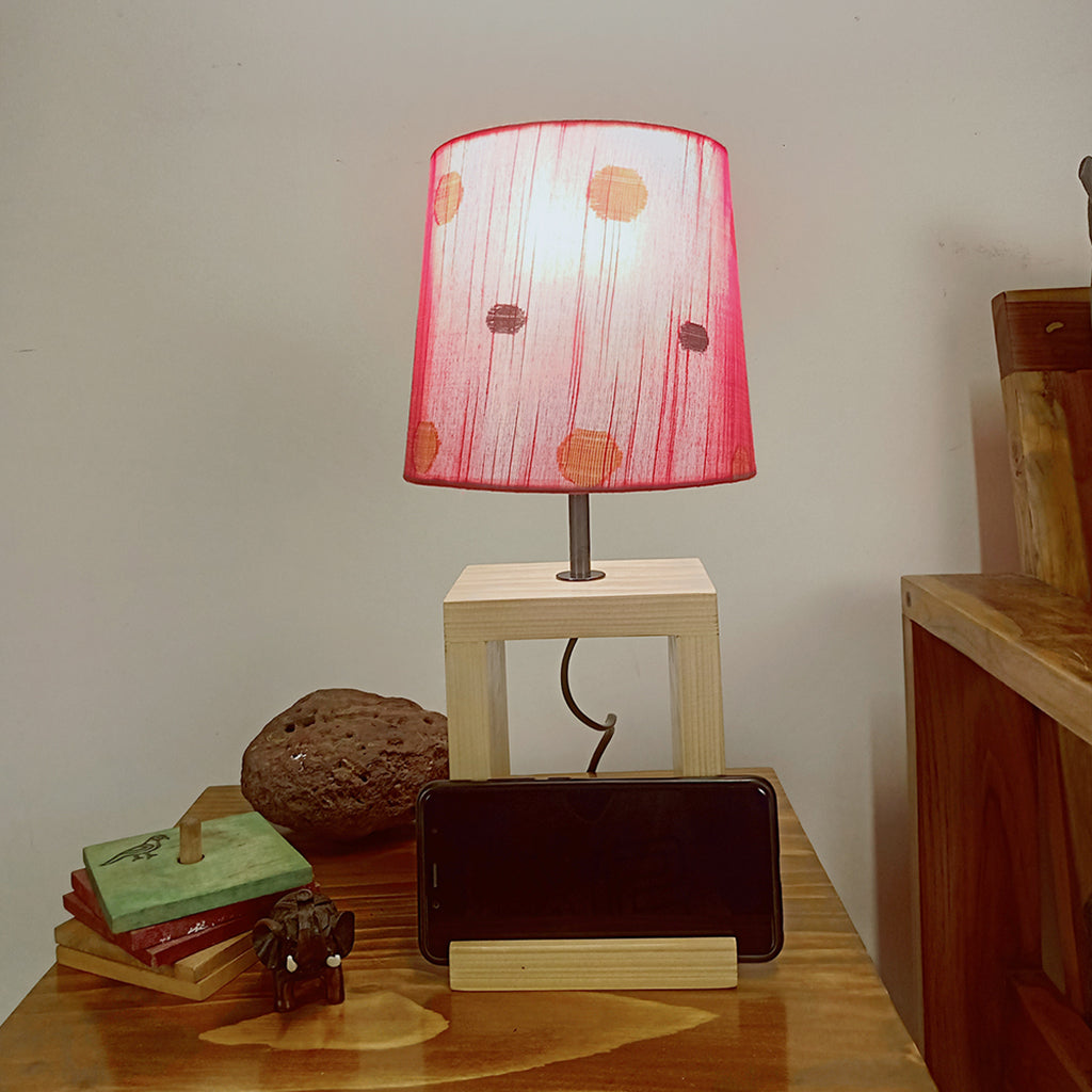 Moby Beige Wooden Table Lamp with Red Printed Fabric Lampshade