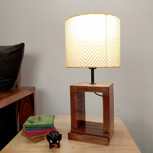 Moby Brown Wooden Table Lamp with Yellow Printed Fabric Lampshade