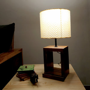 Moby Brown Wooden Table Lamp with Yellow Printed Fabric Lampshade