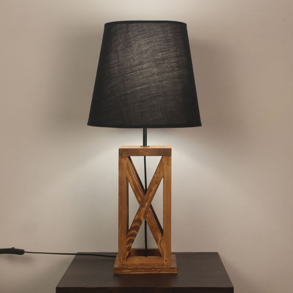 Symmetric Brown Wooden Table Lamp with Black Fabric Lampshade