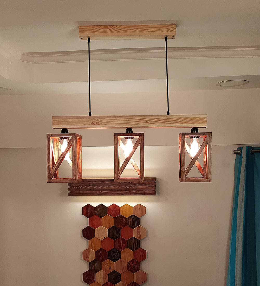 Symmetric Brown & Beige Wooden Series Hanging Lamp