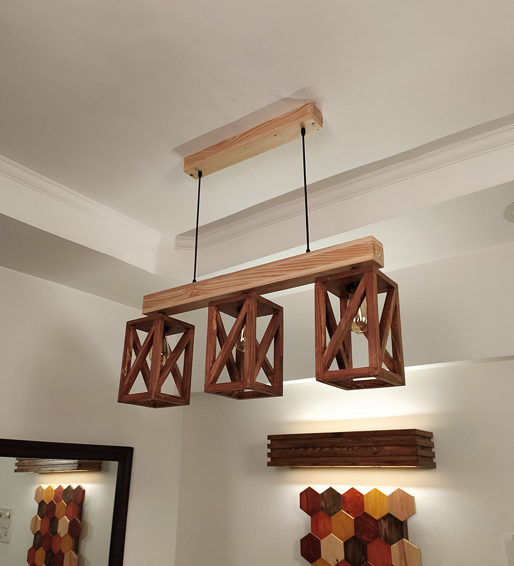 Symmetric Brown & Beige Wooden Series Hanging Lamp