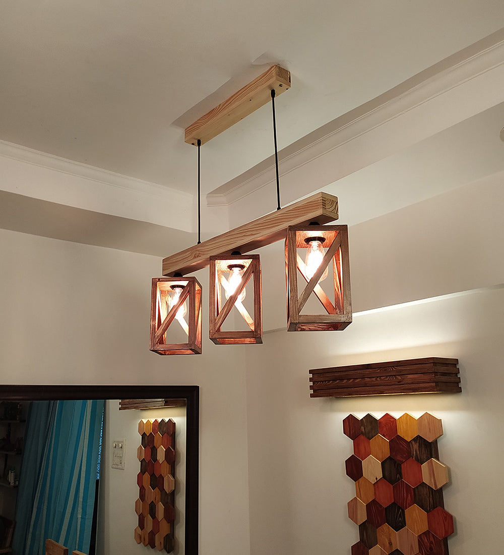 Symmetric Brown & Beige Wooden Series Hanging Lamp