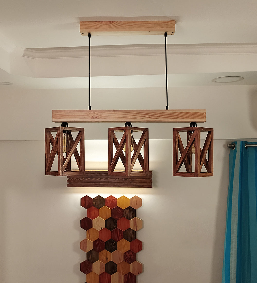 Symmetric Brown & Beige Wooden Series Hanging Lamp