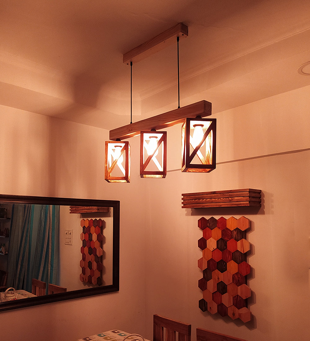 Symmetric Brown & Beige Wooden Series Hanging Lamp