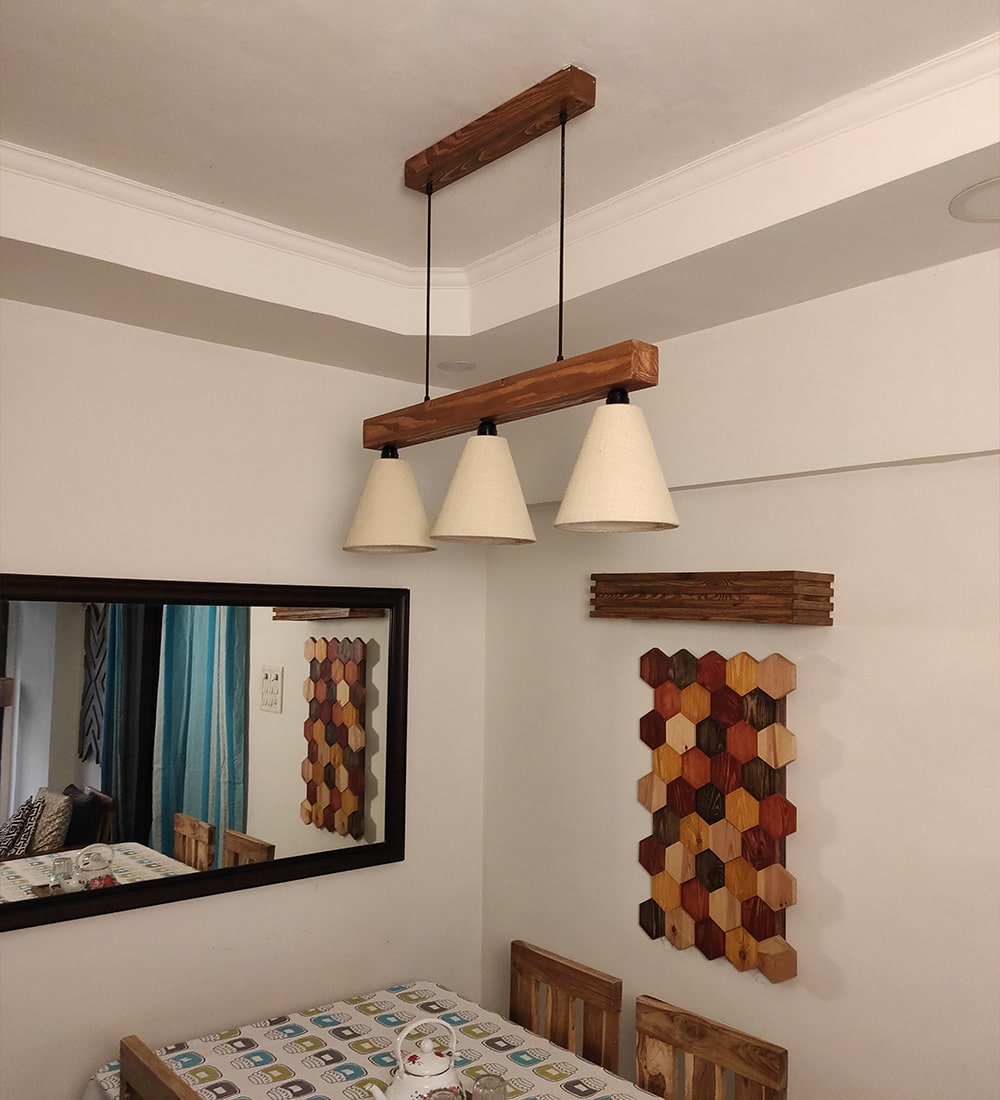 Terzo Beige Fabric Brown Wooden Series Hanging Lamp
