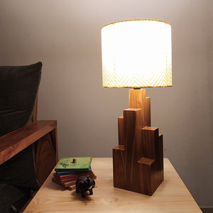 Skyline Brown Wooden Table Lamp with Yellow Printed Fabric Lampshade