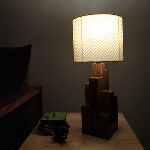 Skyline Brown Wooden Table Lamp with Yellow Printed Fabric Lampshade